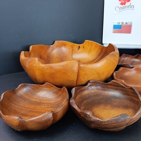 Vintage Monkey Pod Philippines Wood Salad Bowl Set ~ 5 Piece Flower Shaped - Picture 2 of 13